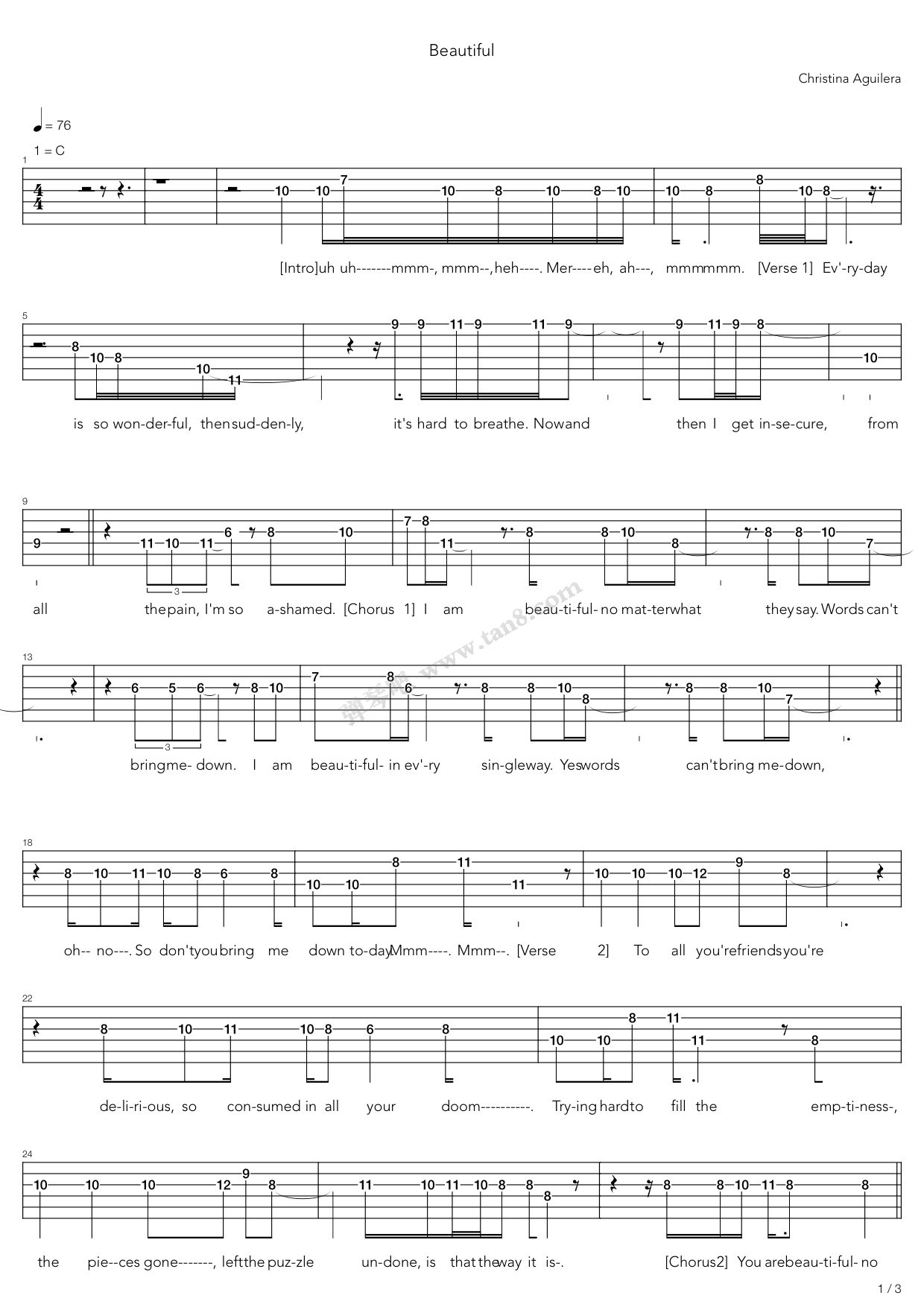 《Beautiful》吉他谱-C大调音乐网