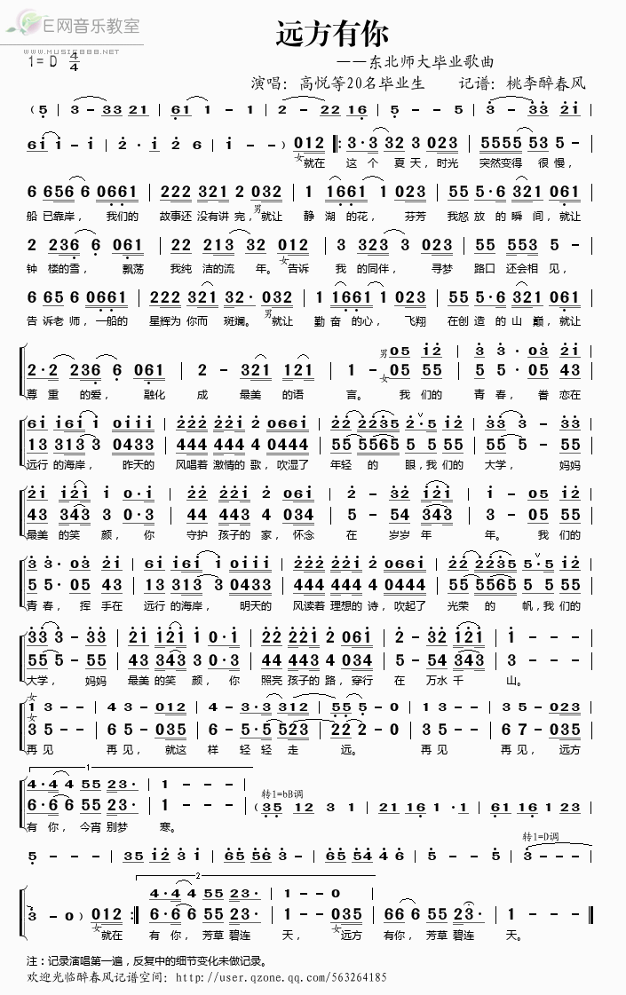 《远方有你（东北师大毕业歌曲）——高悦等（简谱）》吉他谱-C大调音乐网