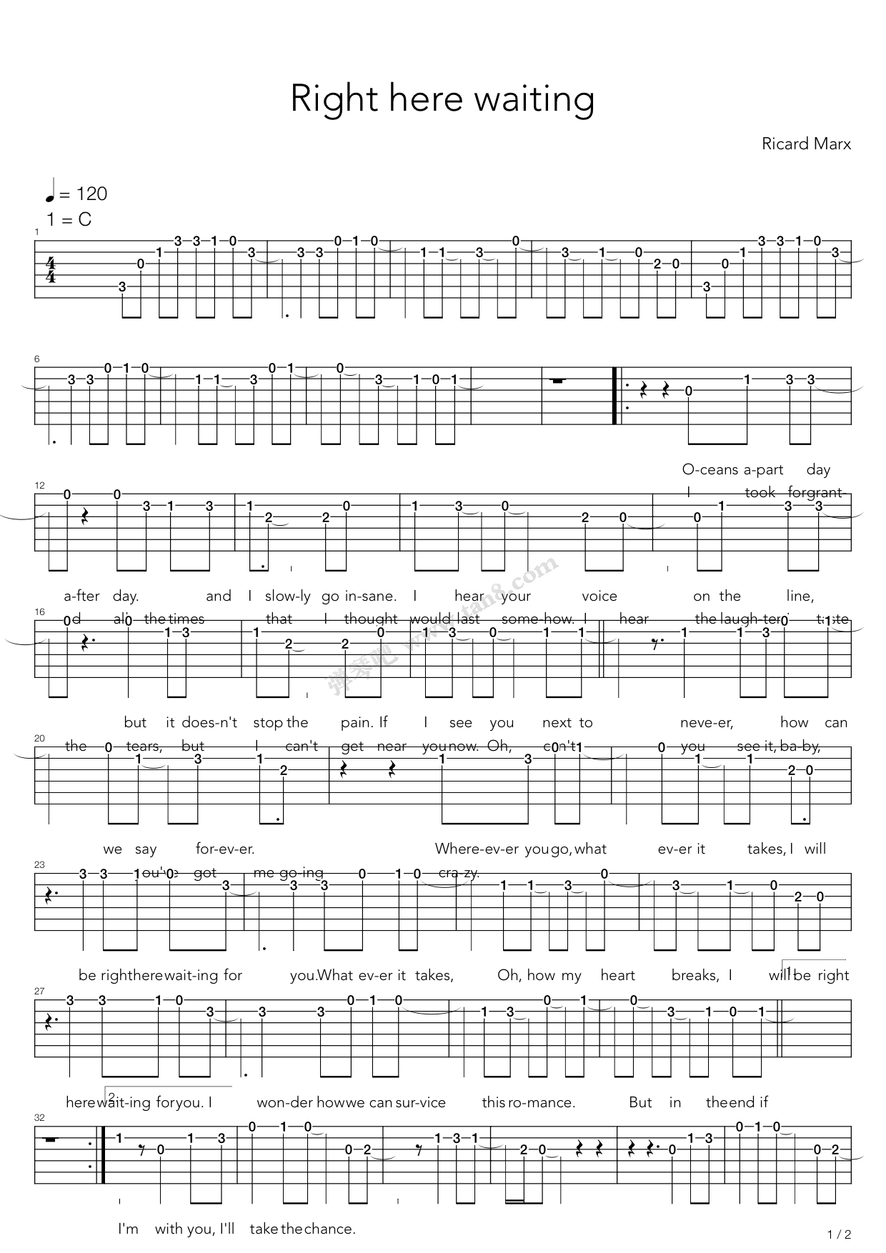 《Right Here Waiting(此情可待)》吉他谱-C大调音乐网