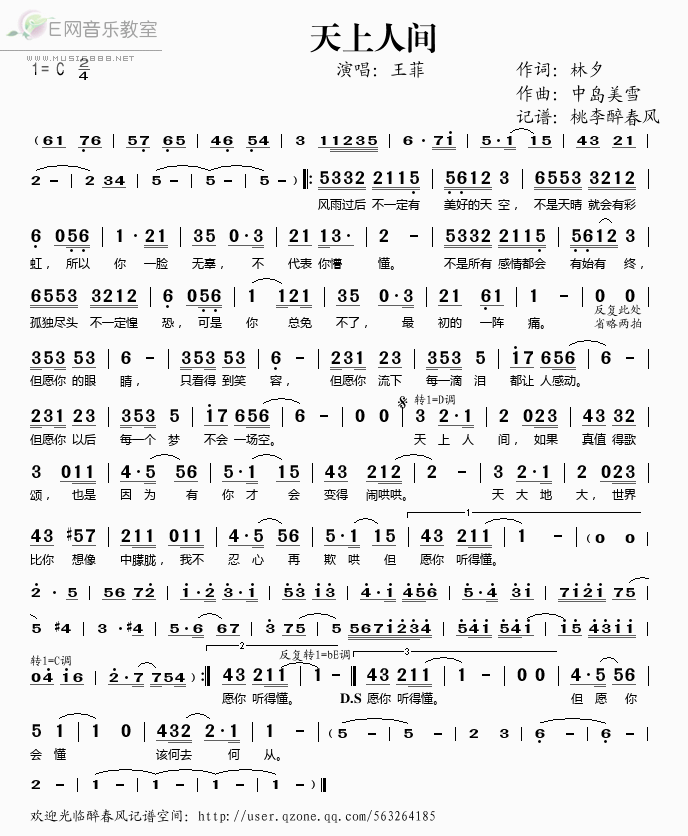 《王菲《天上人间》完整简谱（简谱）》吉他谱-C大调音乐网