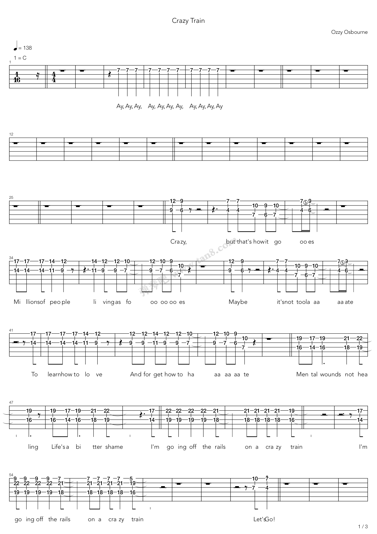 《Crazy Train》吉他谱-C大调音乐网
