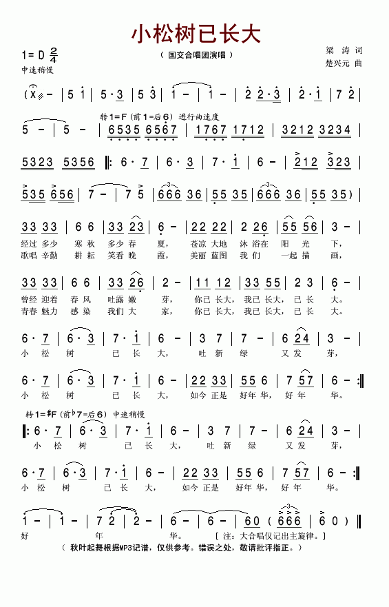 《小松树已长大-合唱歌曲(简谱)》吉他谱-C大调音乐网