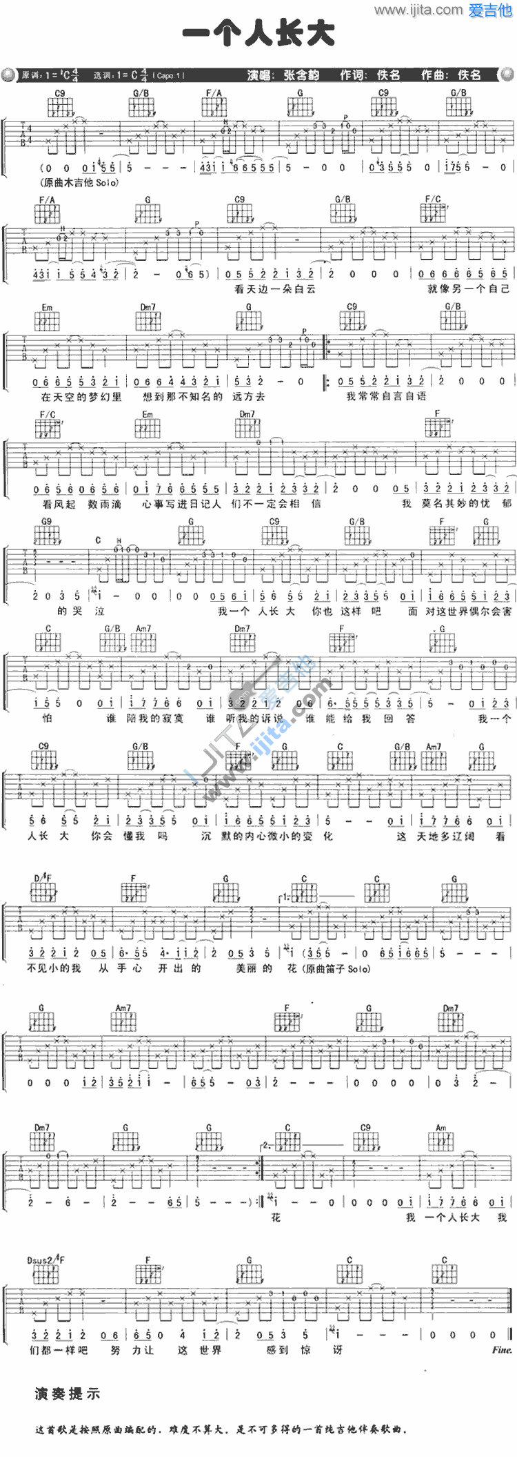 《一个人长大》吉他谱-C大调音乐网
