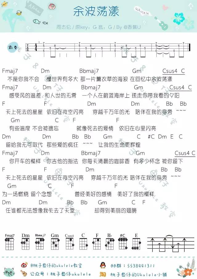 《余波荡漾》Ukulele曲谱（田馥甄）-C大调音乐网