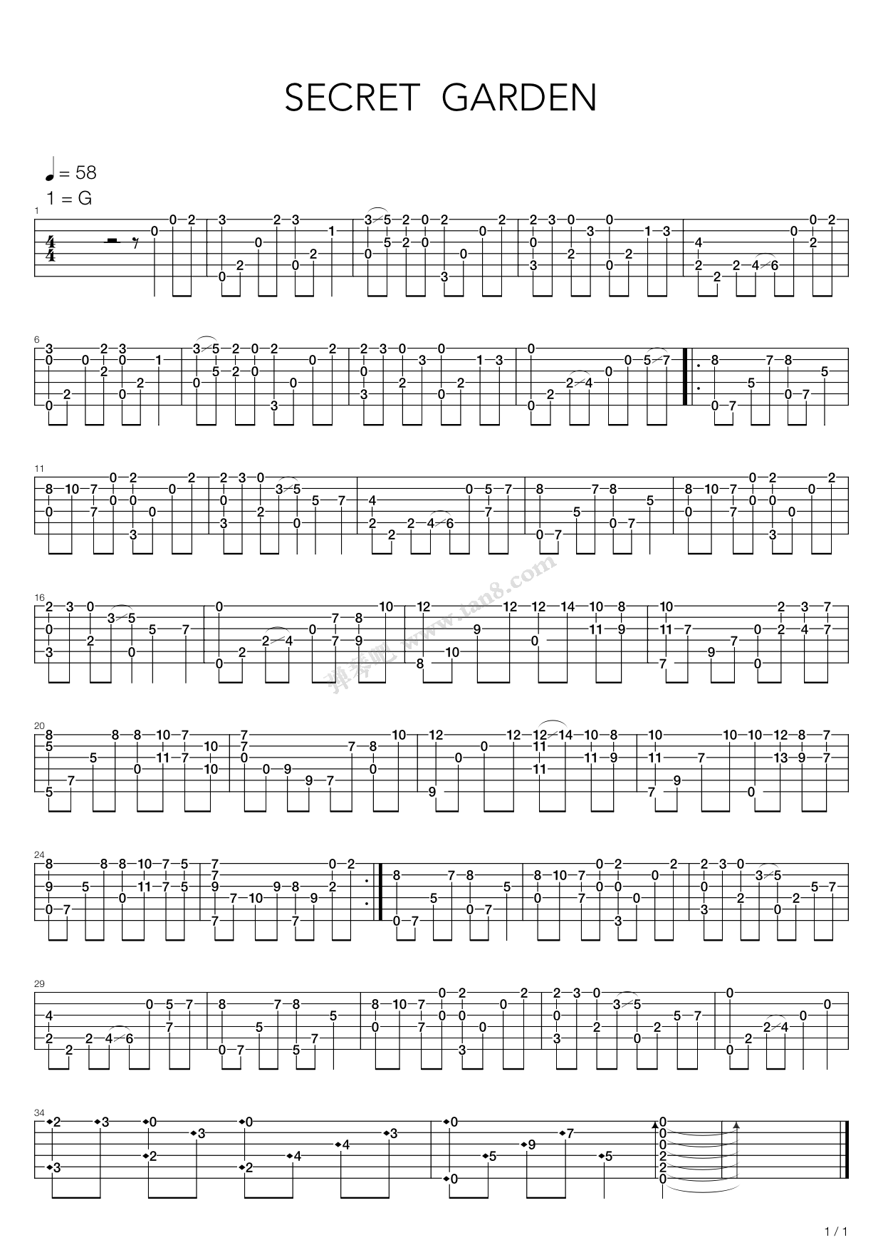 《Song From A Secret Garden(神秘园之歌)》吉他谱-C大调音乐网