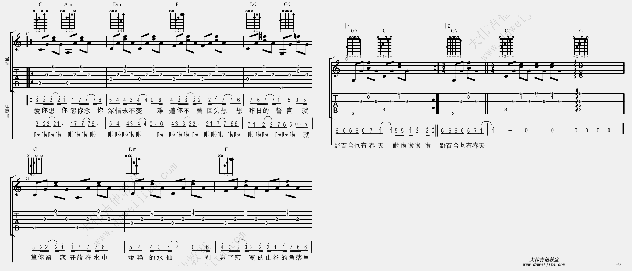 《《野百合也有春天》吉他谱_弹唱视频教学》吉他谱-C大调音乐网