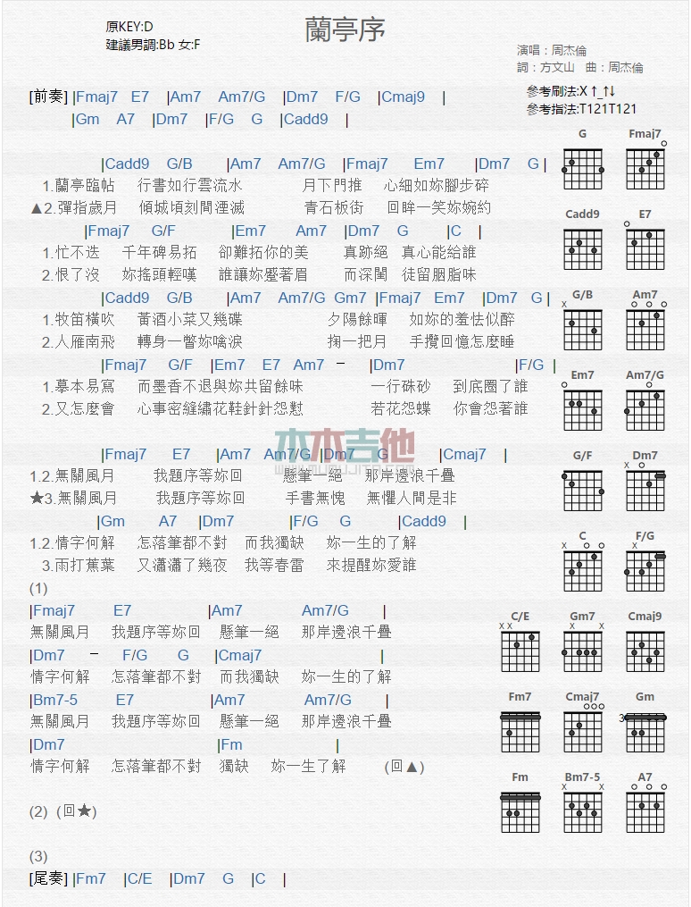 《兰亭序》吉他谱-C大调音乐网