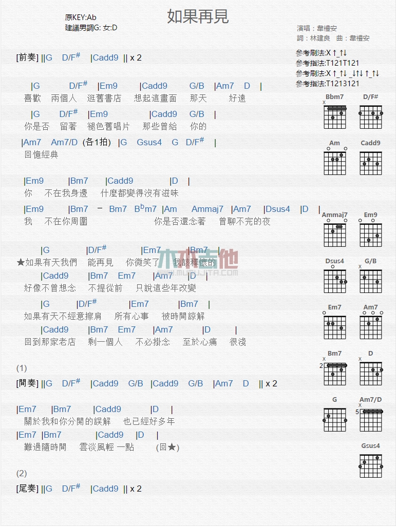 《如果再见》吉他谱-C大调音乐网