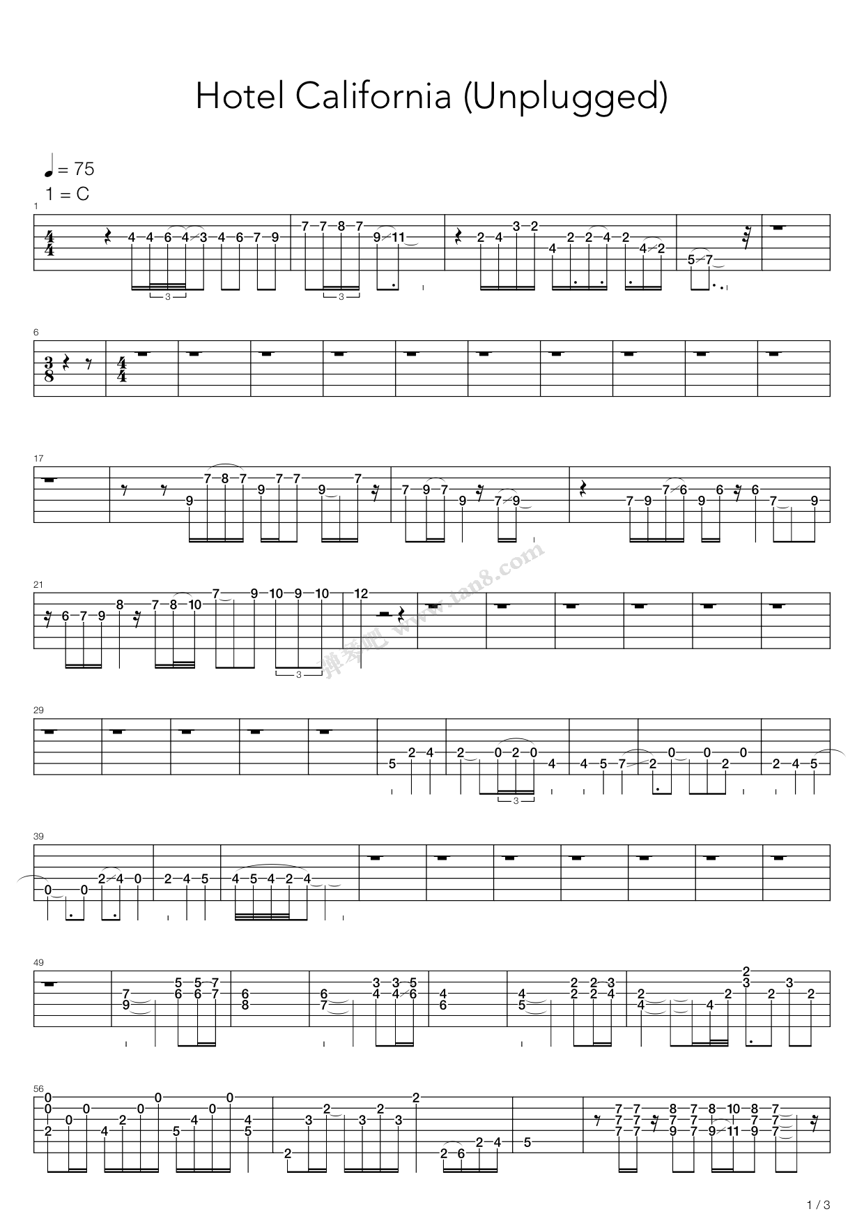 《Hotel California (加州旅馆)》吉他谱-C大调音乐网