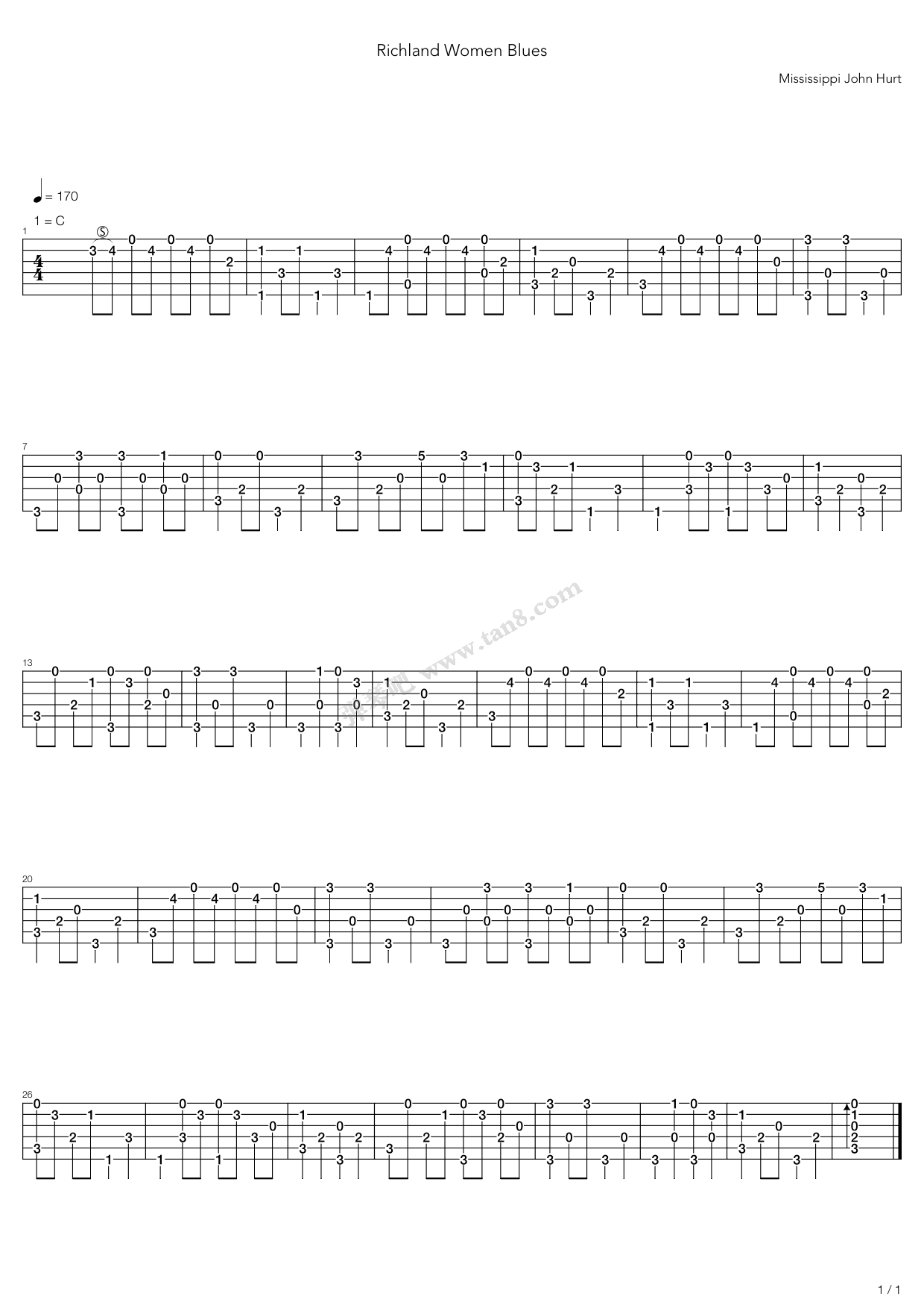 《Richland Woman Blues》吉他谱-C大调音乐网