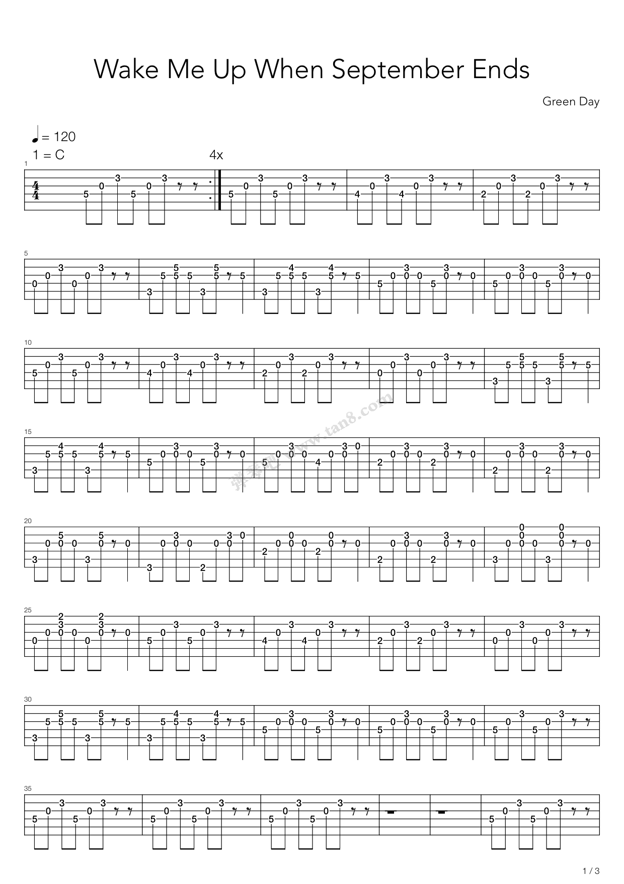 《Wake Me Up When September Ends》吉他谱-C大调音乐网