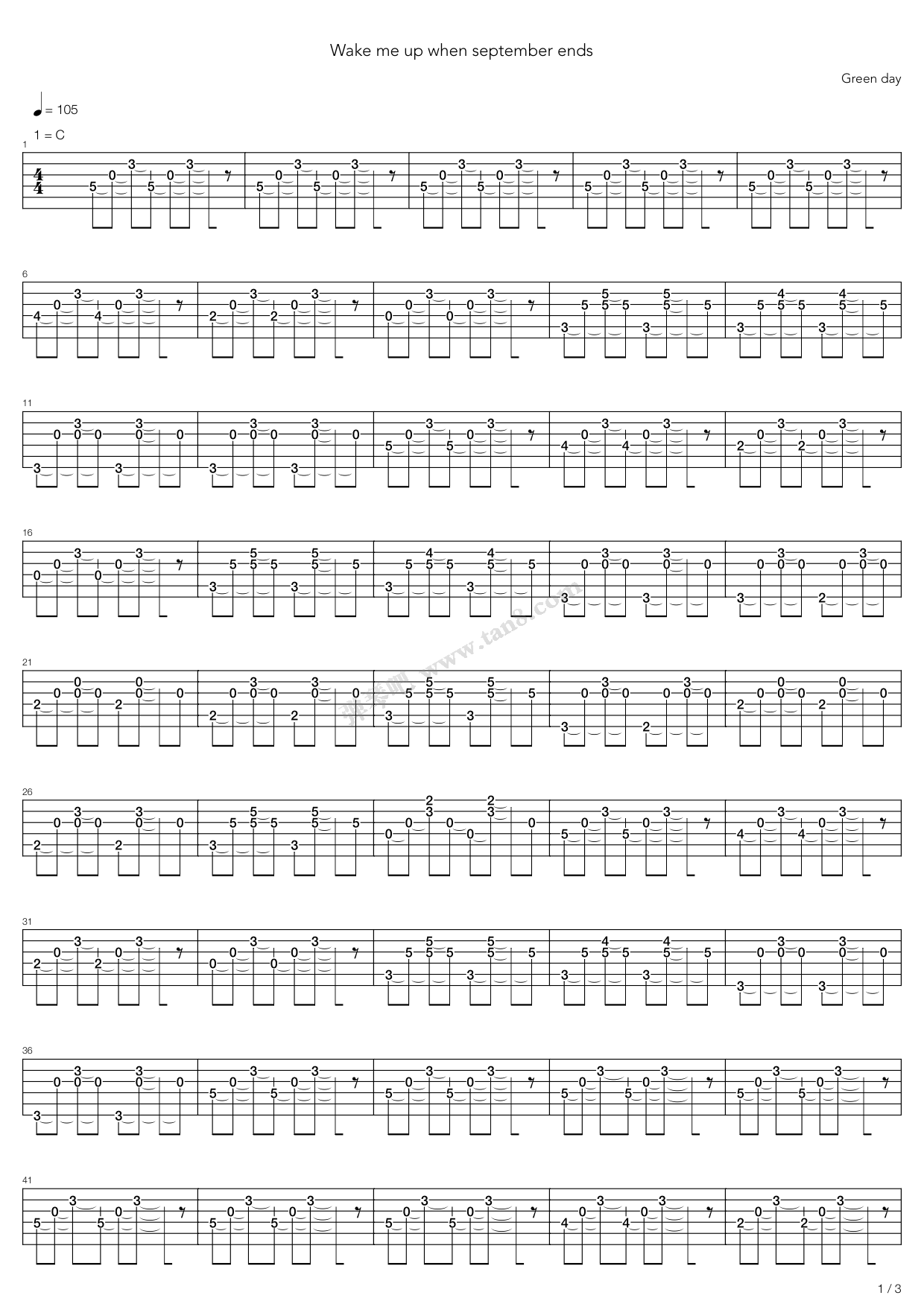 《Wake Me Up When September Ends》吉他谱-C大调音乐网