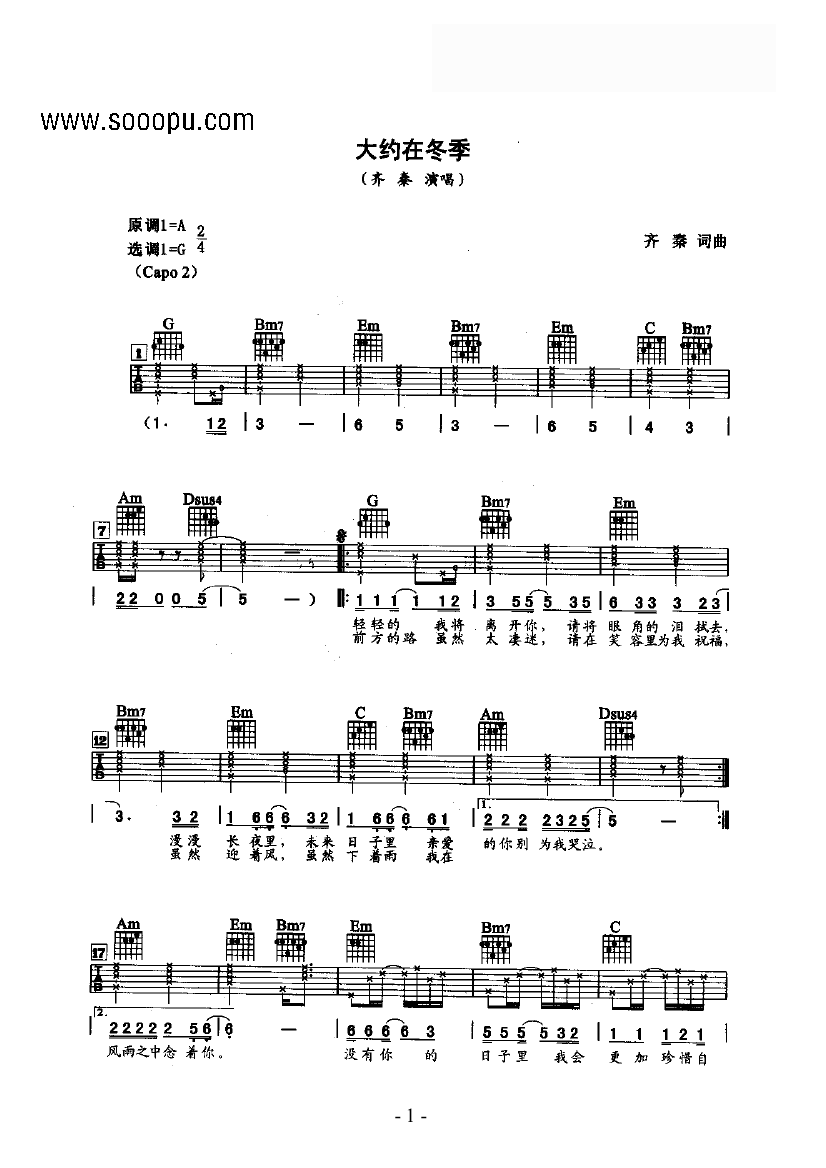 《大约在冬季 吉他类 流行吉他谱--齐秦》吉他谱-C大调音乐网