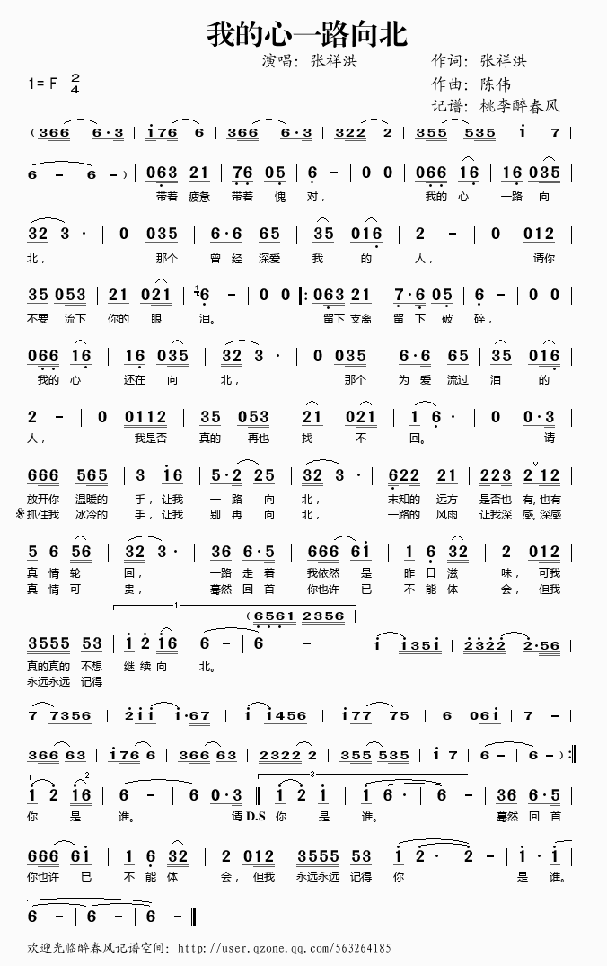 《我的心一路向北——张祥洪（简谱）》吉他谱-C大调音乐网