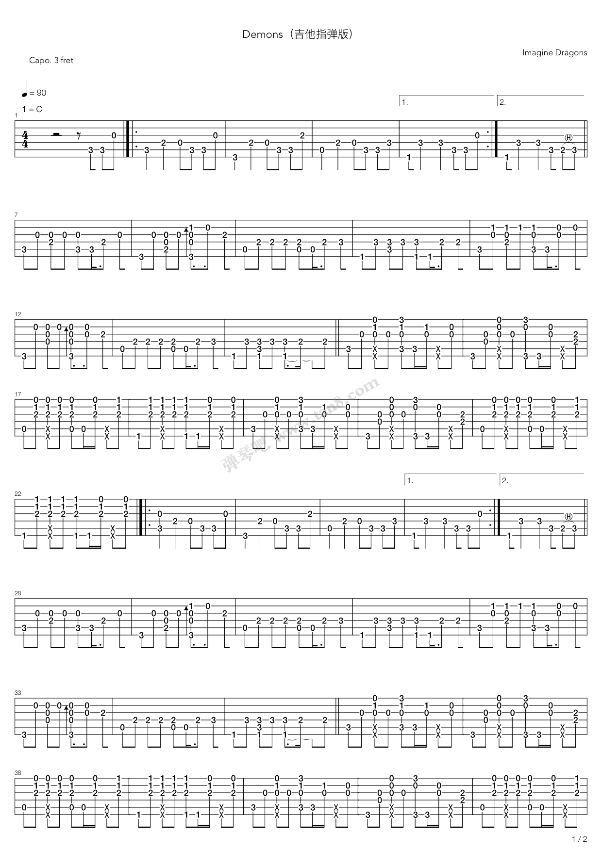 《Demons-吉他指弹版》吉他谱-C大调音乐网