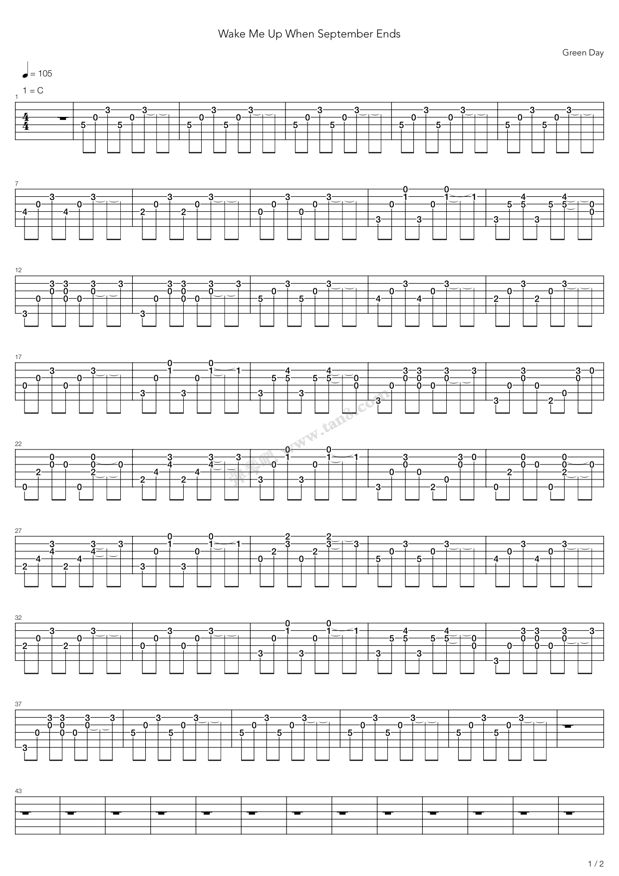 《Wake Me Up When September Ends》吉他谱-C大调音乐网