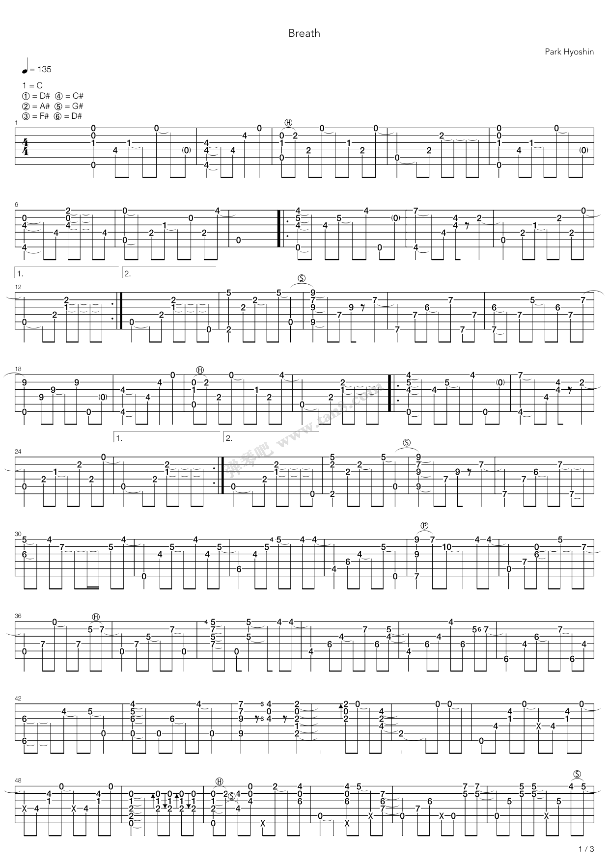 《Breath 숨（指弹版，郑成河）》吉他谱-C大调音乐网
