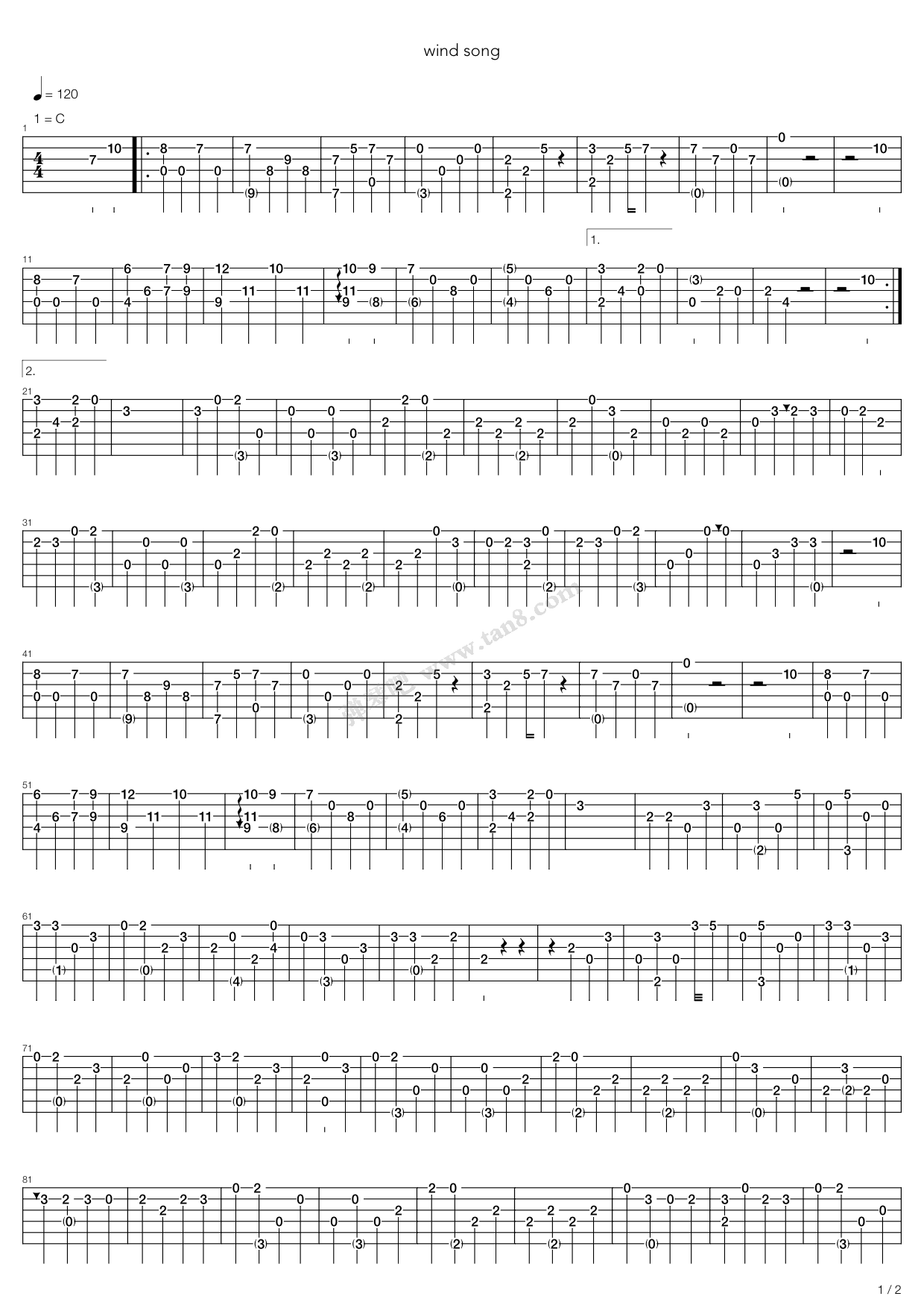 《Wind Song（指弹版，卢家宏）》吉他谱-C大调音乐网