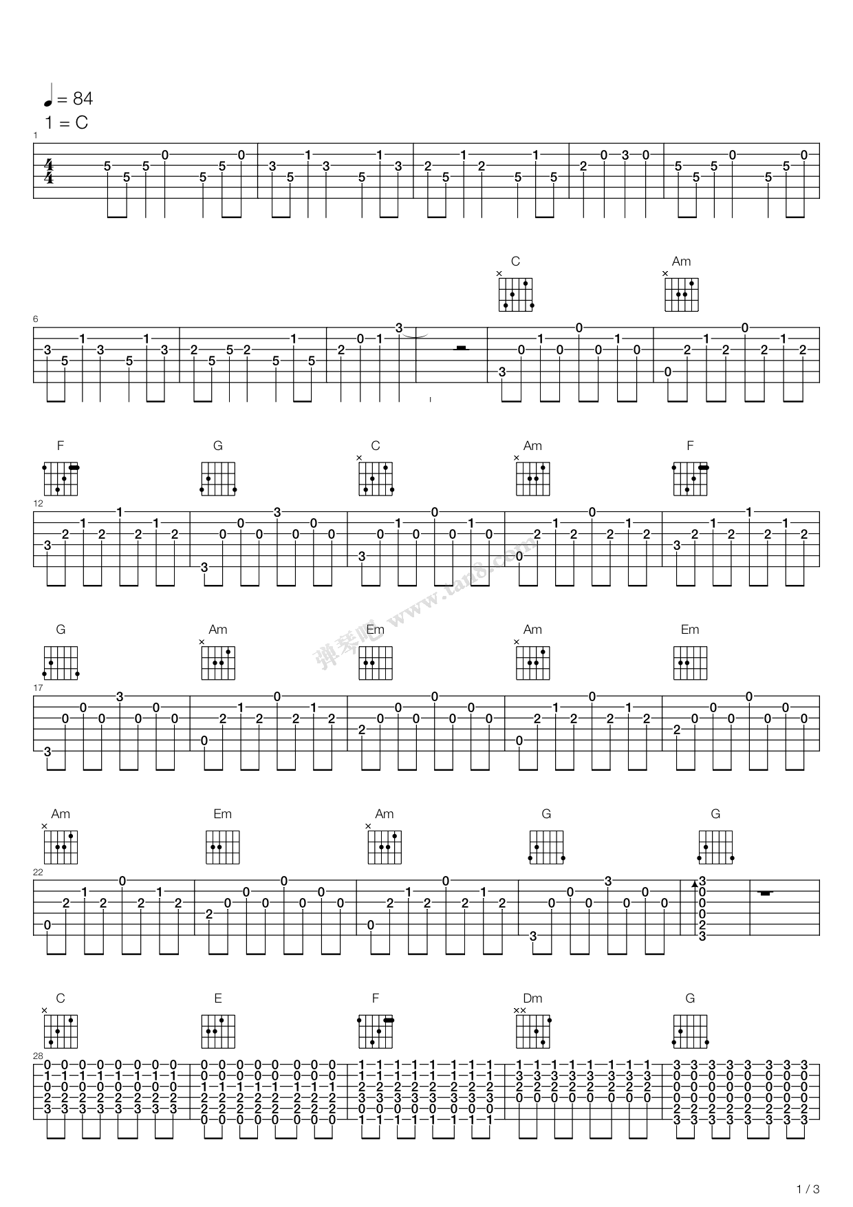 《千千万万个我》吉他谱-C大调音乐网