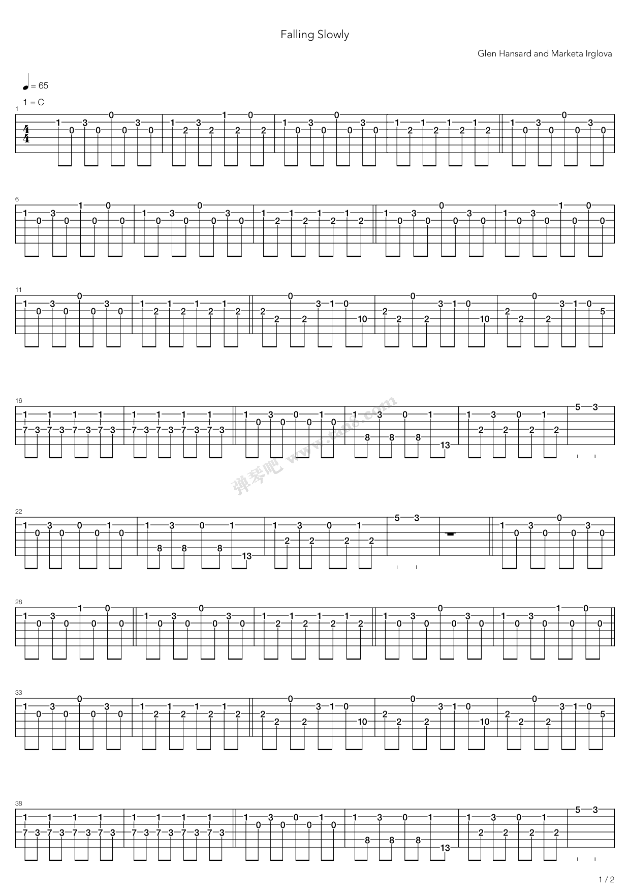 《Falling Slowly吉他谱总谱》吉他谱-C大调音乐网