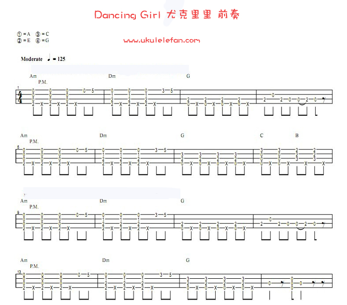 《Dancing Girl》尤克里里Ukulele谱+右手和前奏教学-C大调音乐网