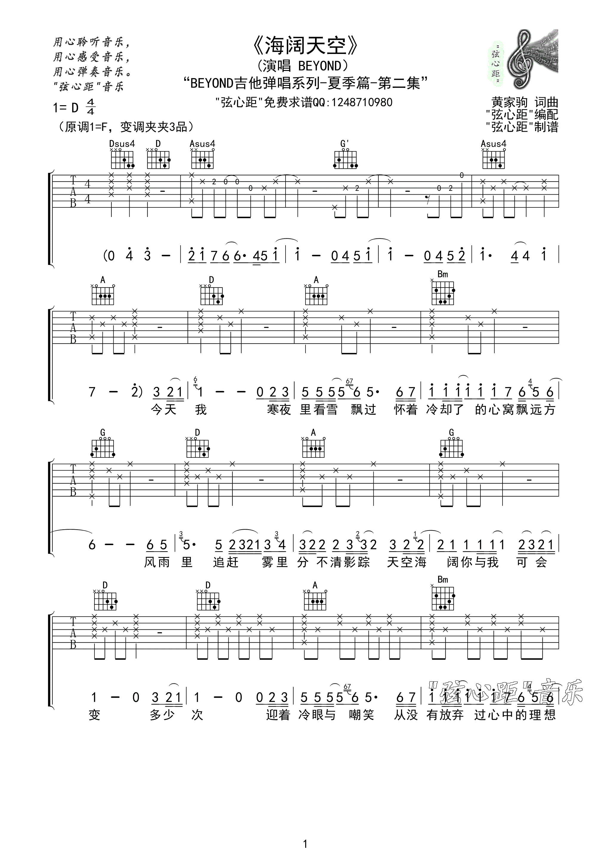 《beyond 海阔天空吉他谱 弦心距D调版》吉他谱-C大调音乐网