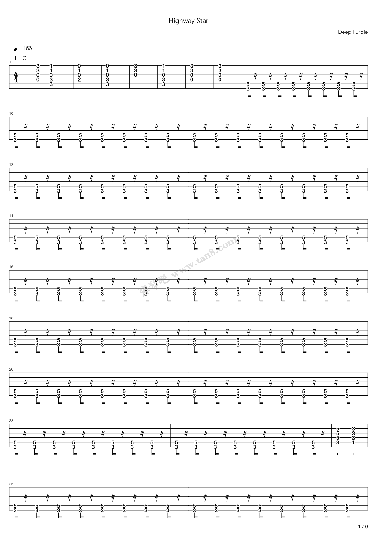 《Highway Star》吉他谱-C大调音乐网