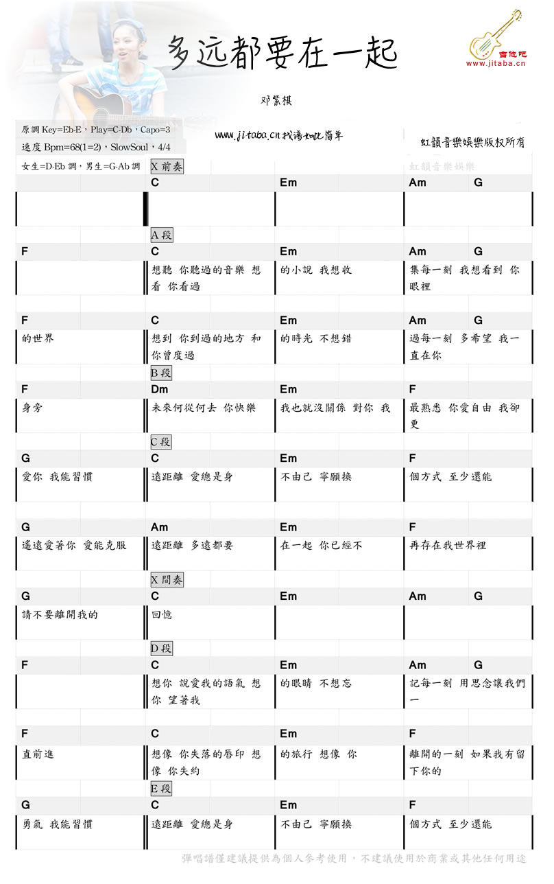 《多远都要在一起吉他谱_带前奏图片谱_邓紫棋》吉他谱-C大调音乐网