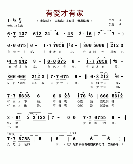 《有爱才有家(电视剧《中国家庭》主题曲)-谭晶(简谱)》吉他谱-C大调音乐网