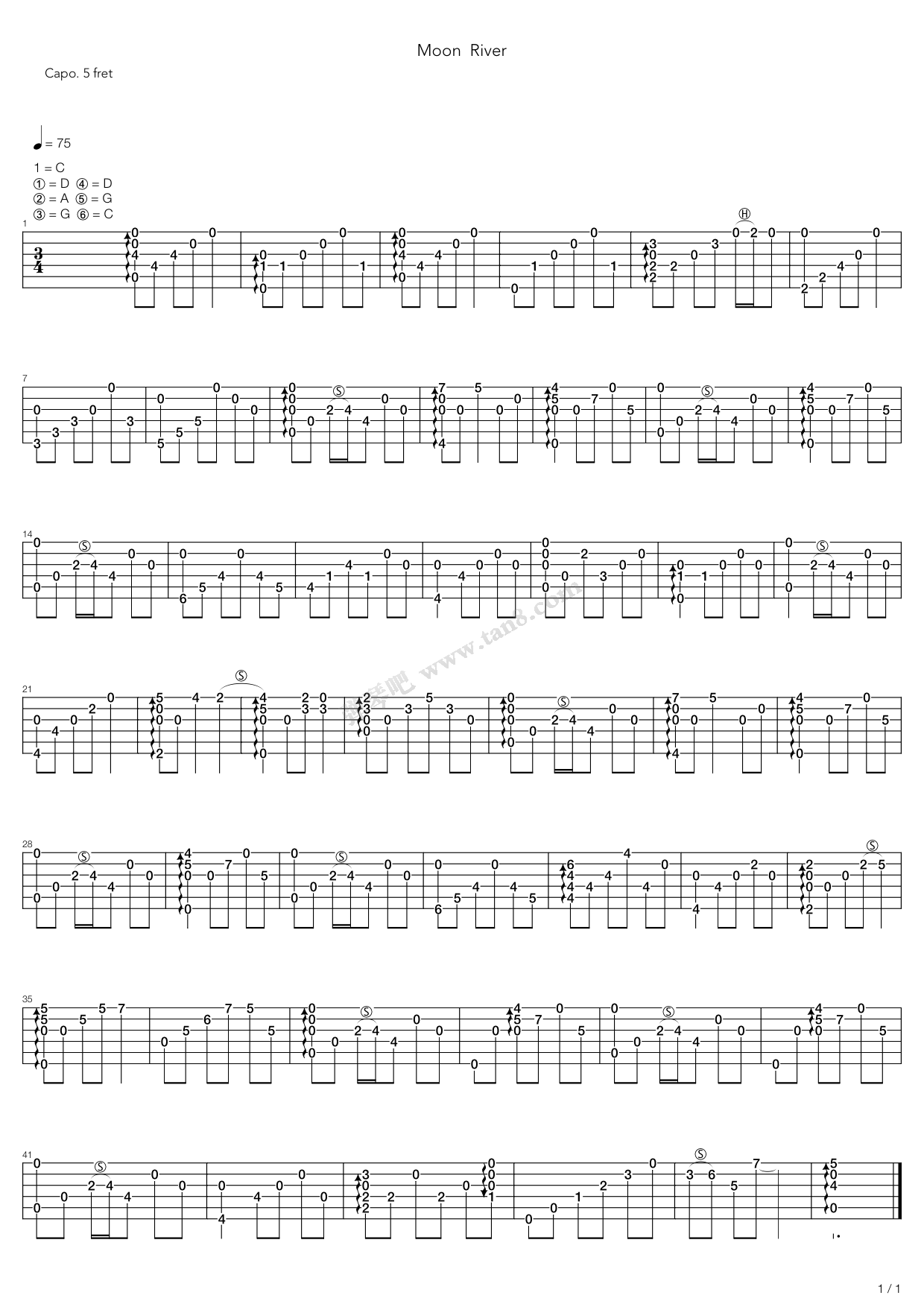 《Moon River(月亮河)》吉他谱-C大调音乐网
