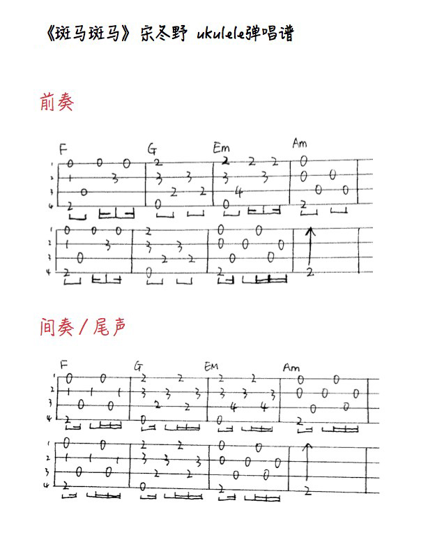 小Sa神Sasa《斑马斑马》乌克丽丽弹唱教学ukulele谱（宋冬野）-C大调音乐网