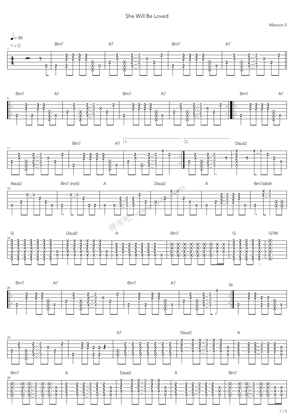 《She Will Be Loved》吉他谱-C大调音乐网