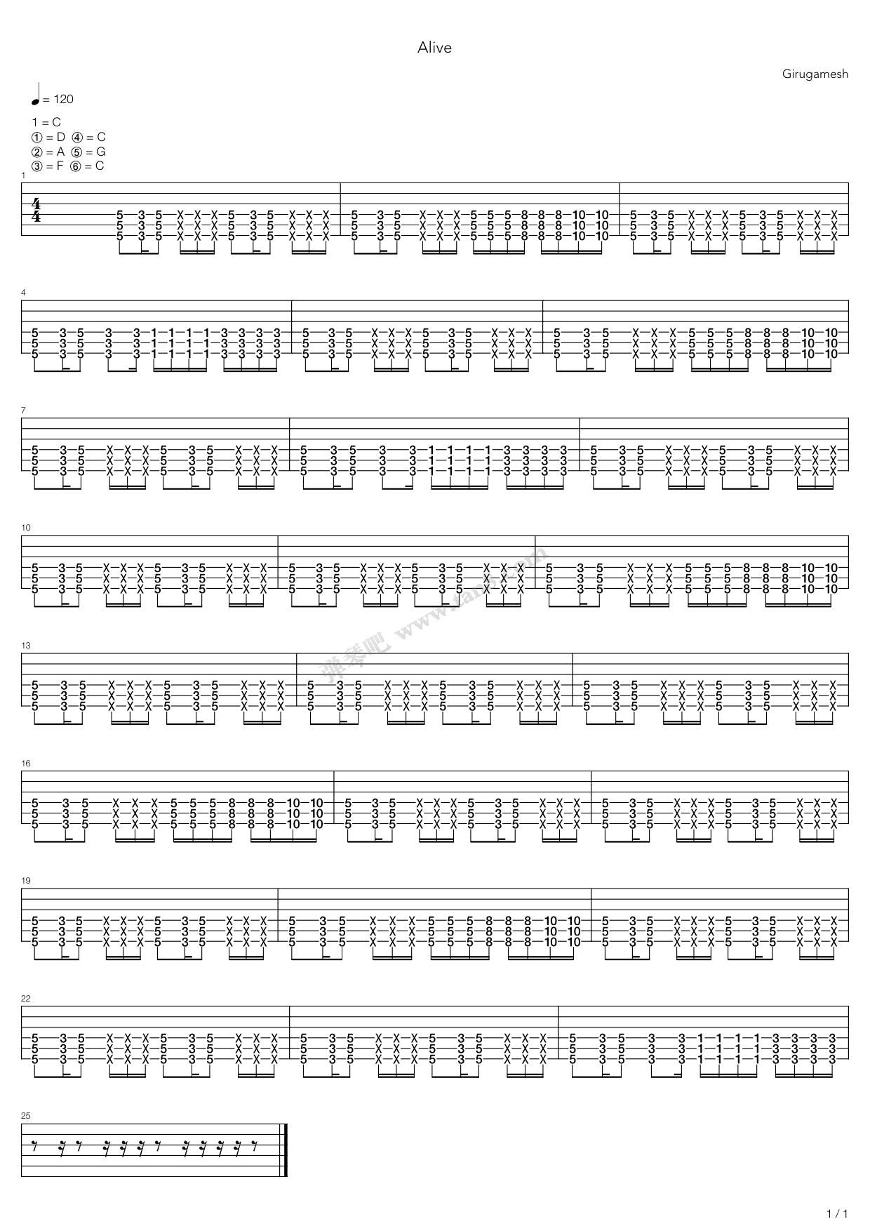 《Alive Intro》吉他谱-C大调音乐网