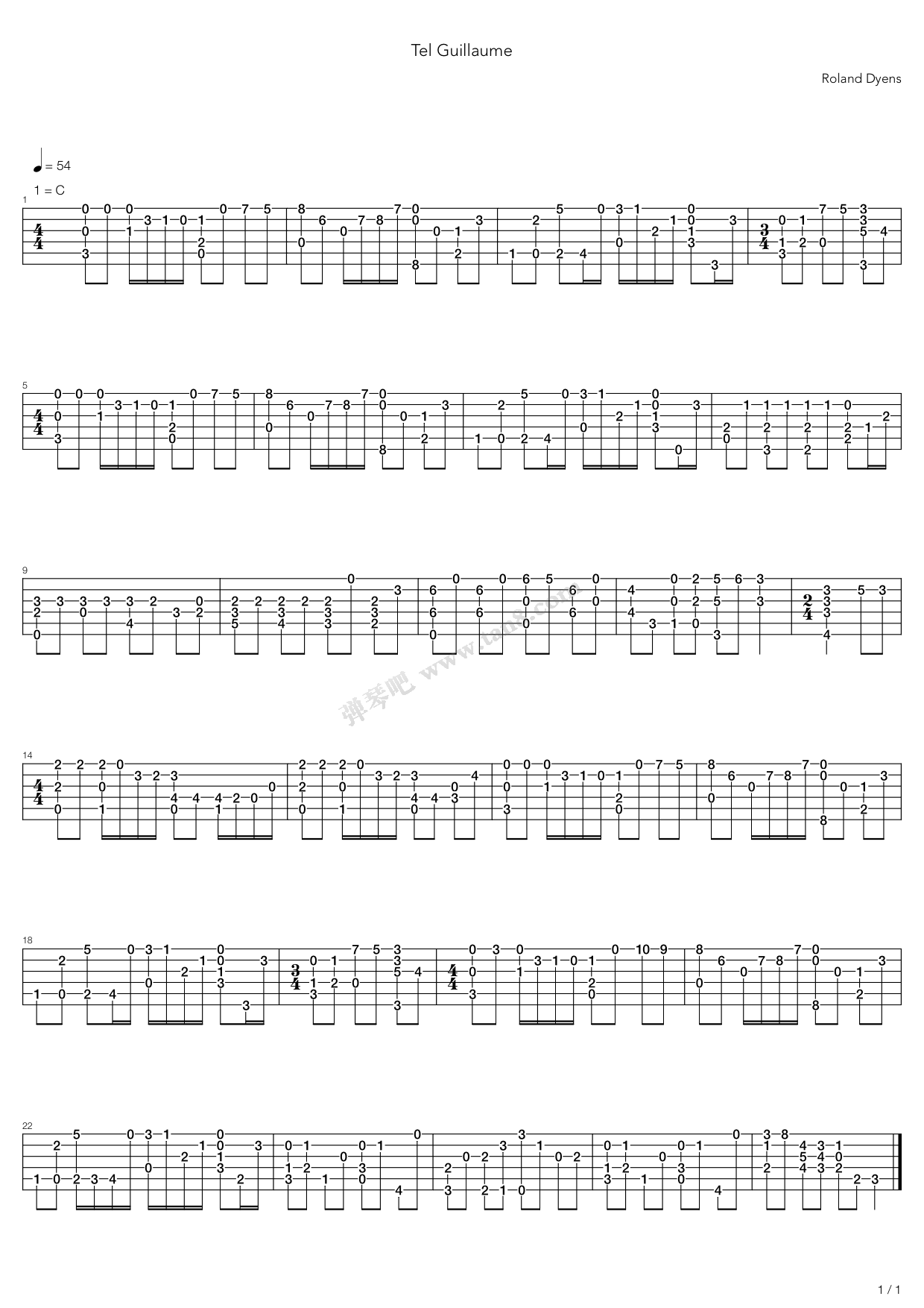 《Tel Guillaume》吉他谱-C大调音乐网