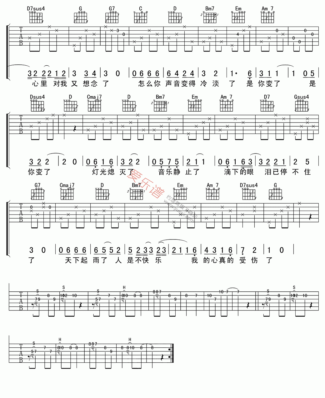《张学友《我真的受伤了(弹唱版)》》吉他谱-C大调音乐网