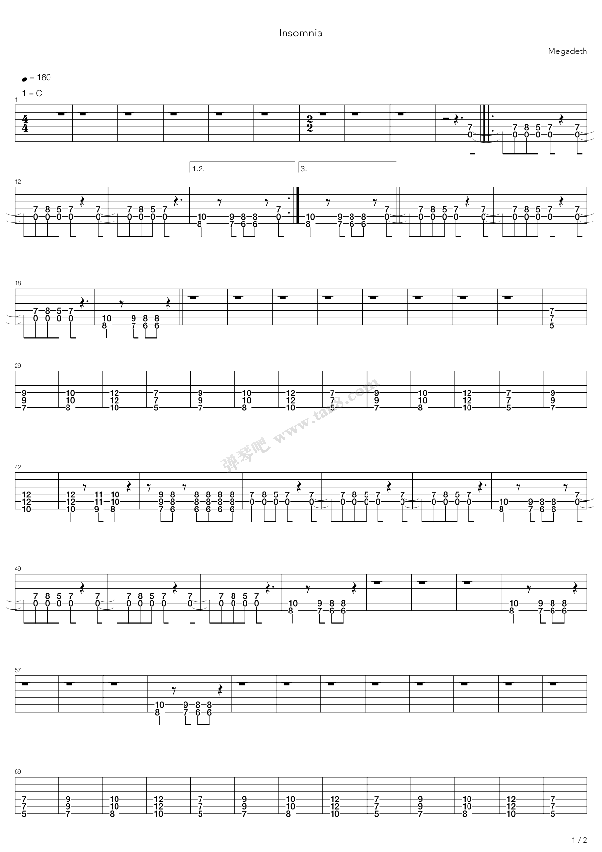 《Insomnia》吉他谱-C大调音乐网
