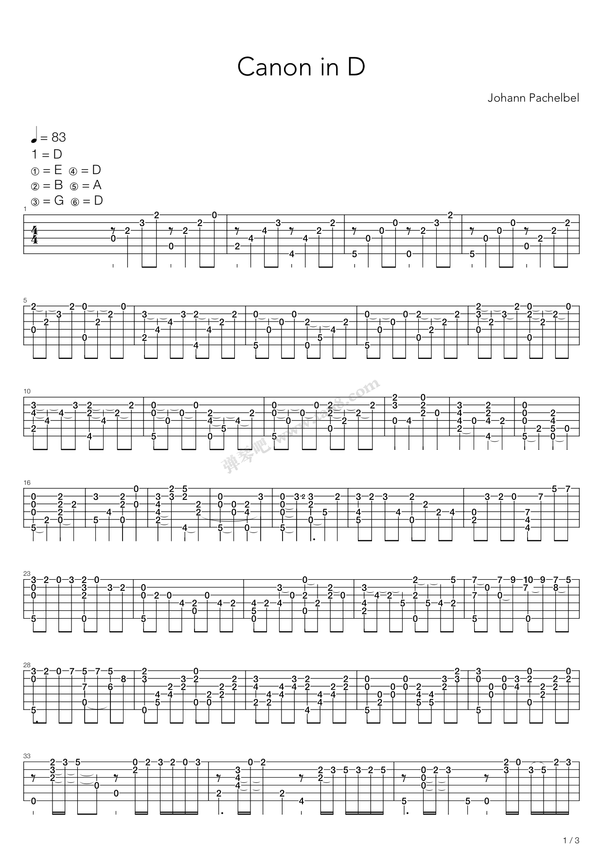 《卡农(Canon)》吉他谱-C大调音乐网