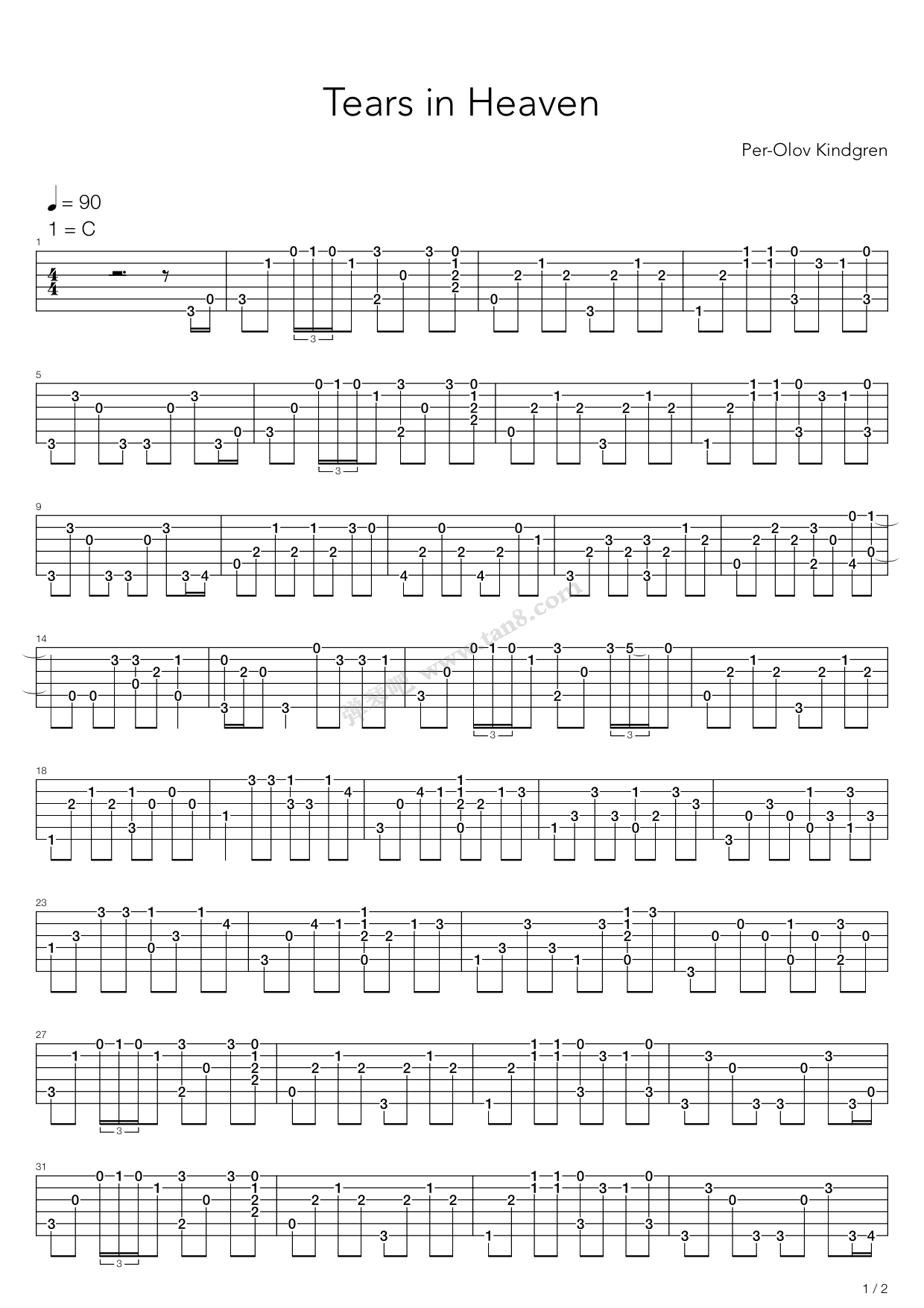《Tears In Heaven(泪洒天堂)》吉他谱-C大调音乐网