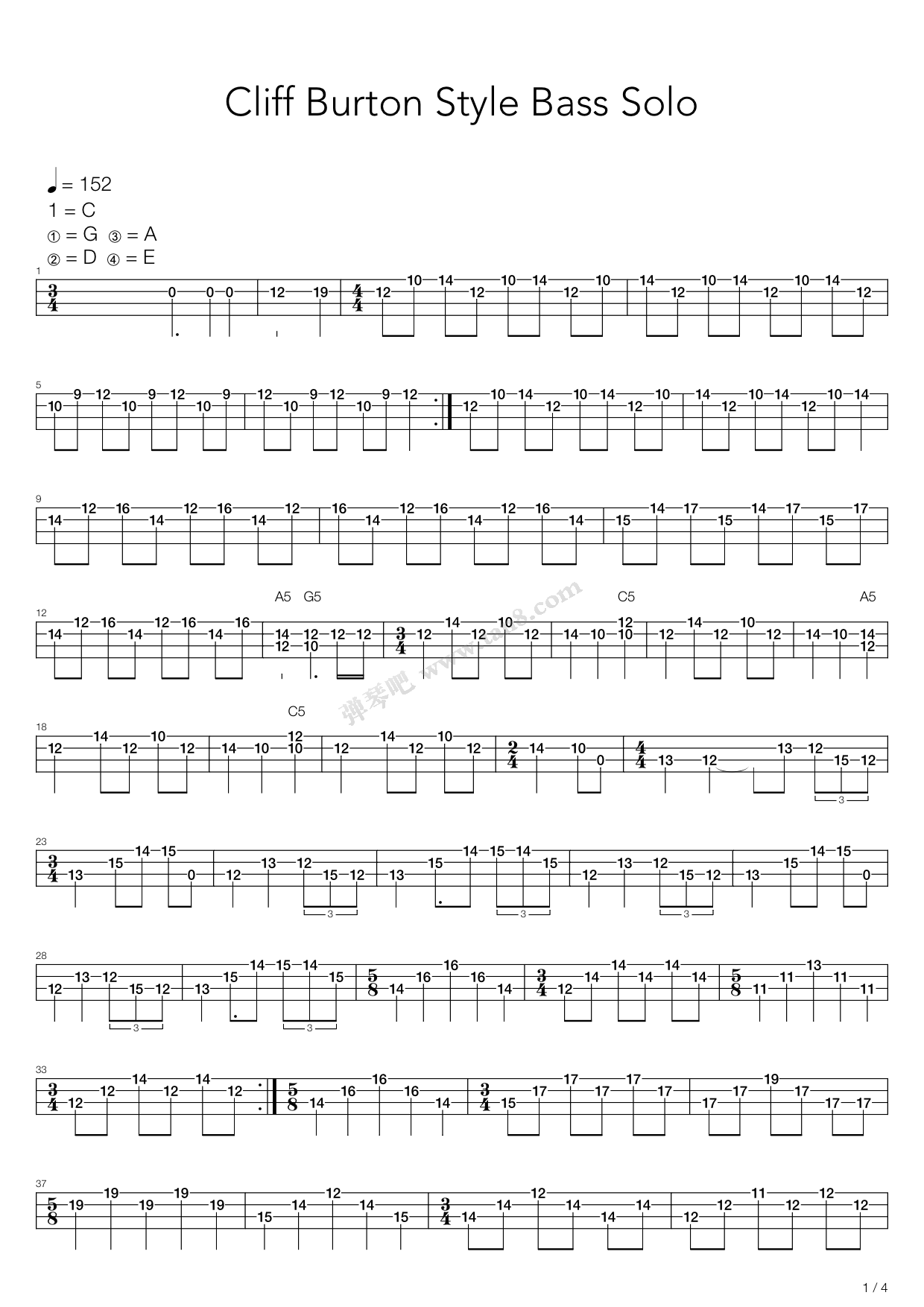 《贝司练习( Exercises) - Cliff Burton Style》吉他谱-C大调音乐网