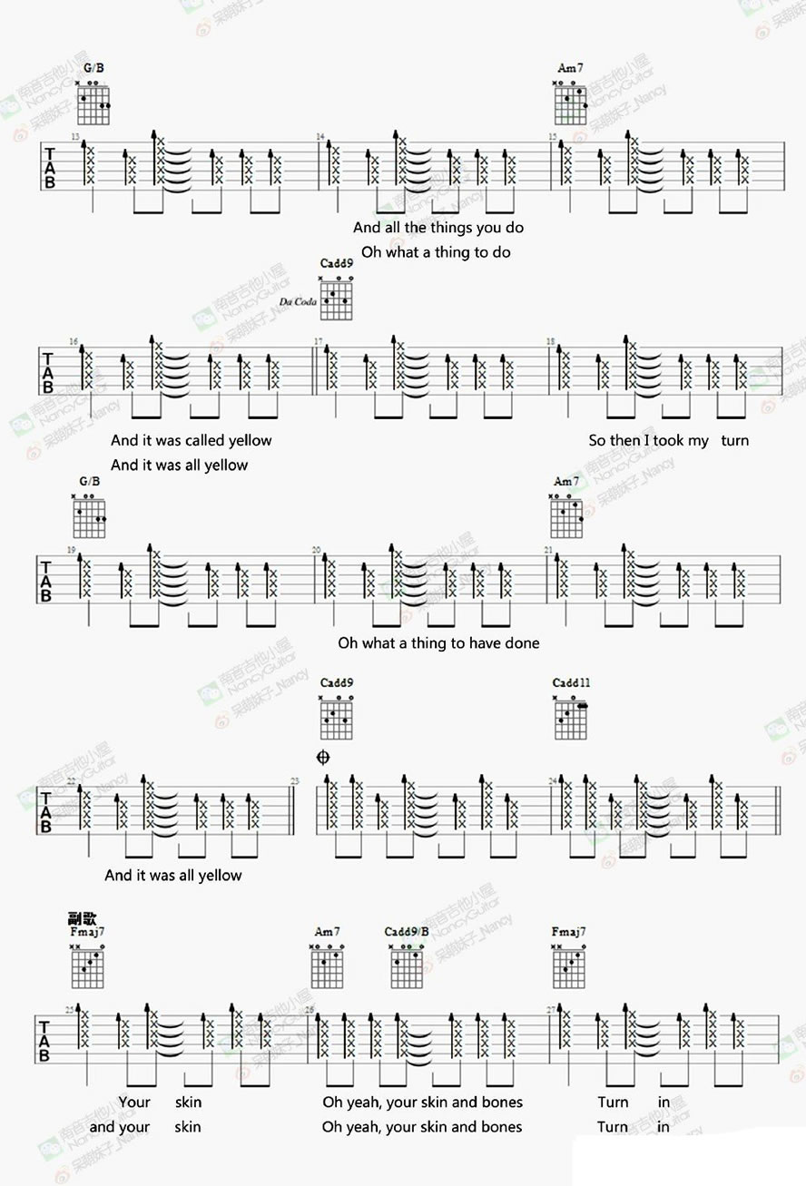 《Yellow吉他谱_Coldplay_酷玩乐队六线吉他弹唱图谱》吉他谱-C大调音乐网