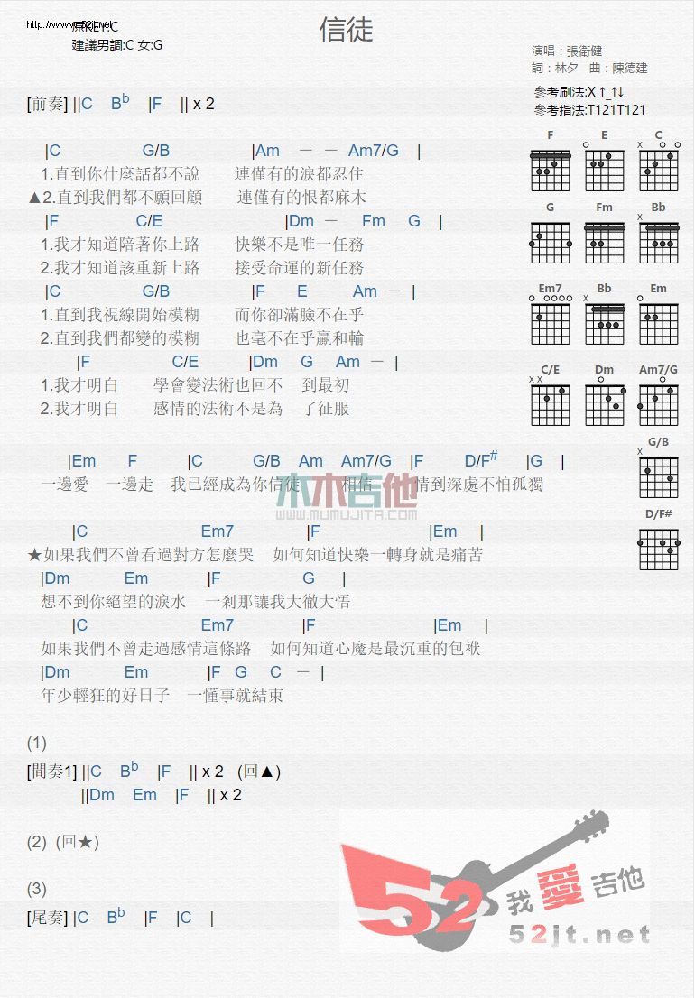 《信徒 简易版》吉他谱-C大调音乐网