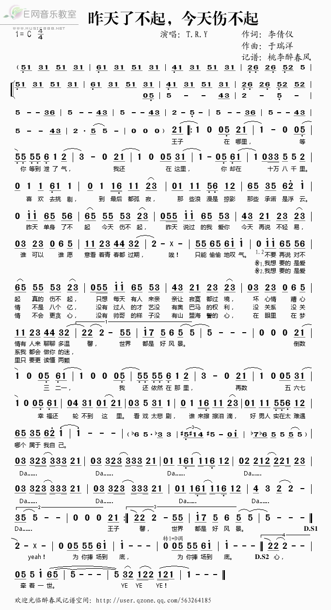 《昨天了不起，今天伤不起——T.R.Y（简谱）》吉他谱-C大调音乐网