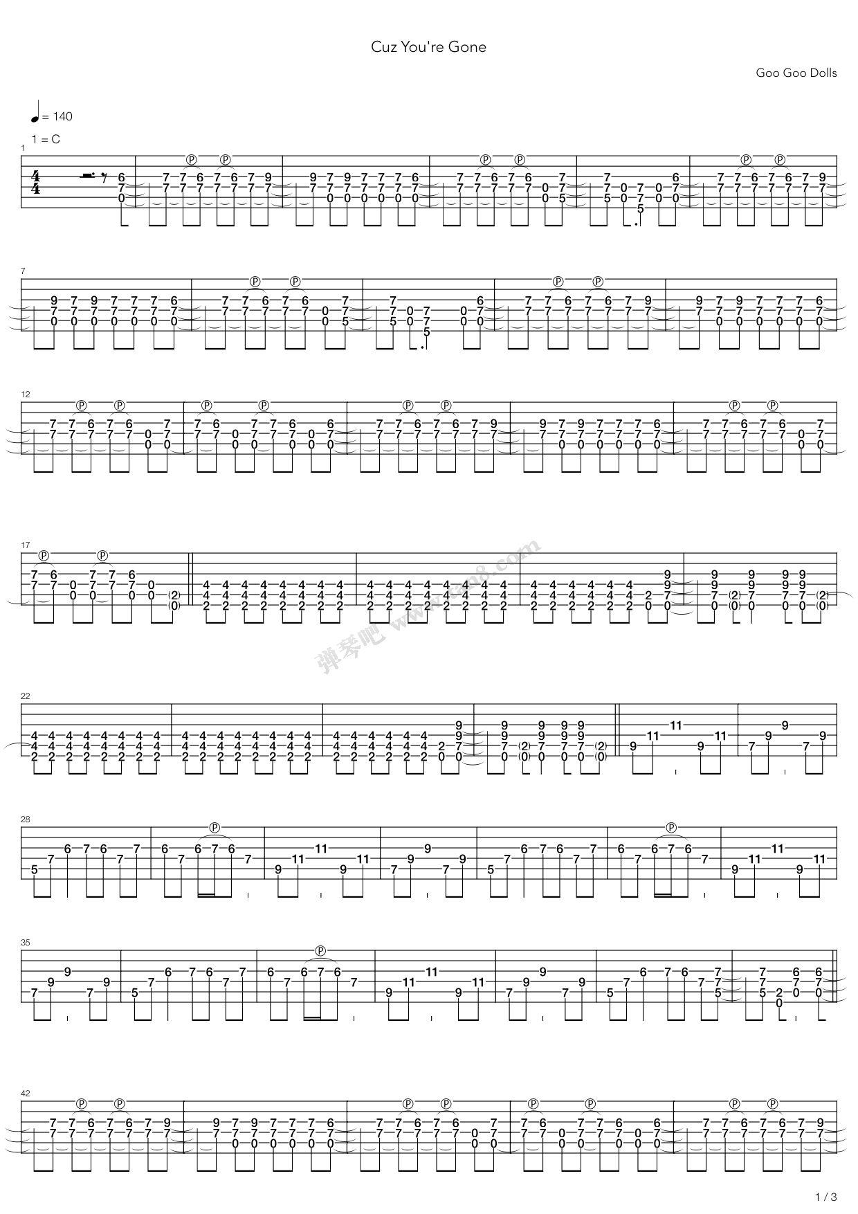《Cuz Youre Gone》吉他谱-C大调音乐网