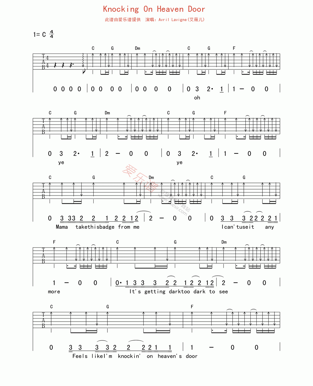《Avril Lavigne(艾薇儿)《Knocking On Heaven Door》》吉他谱-C大调音乐网