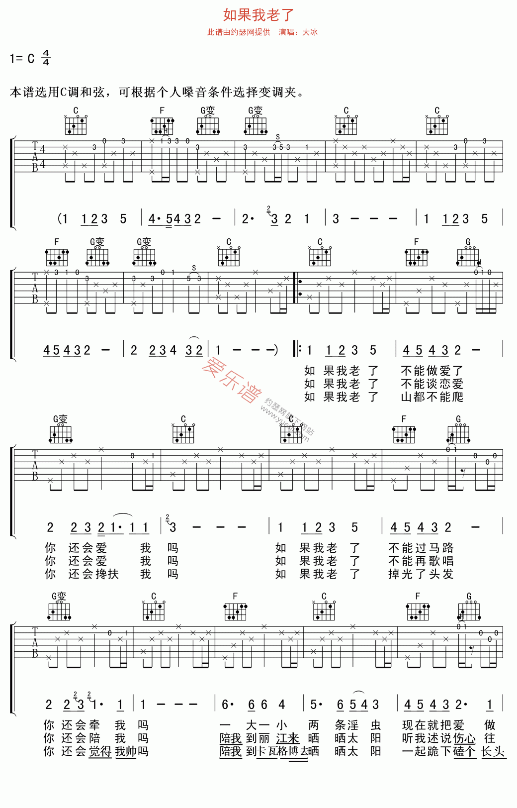 《大冰《如果我老了》》吉他谱-C大调音乐网