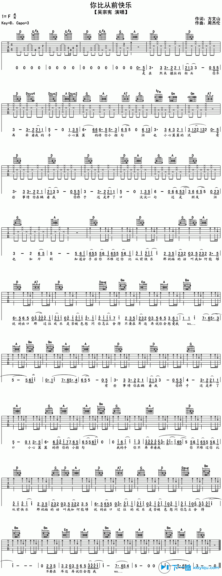 《你比从前快乐吉他谱F调_吴宗宪你比从前快乐六线谱》吉他谱-C大调音乐网
