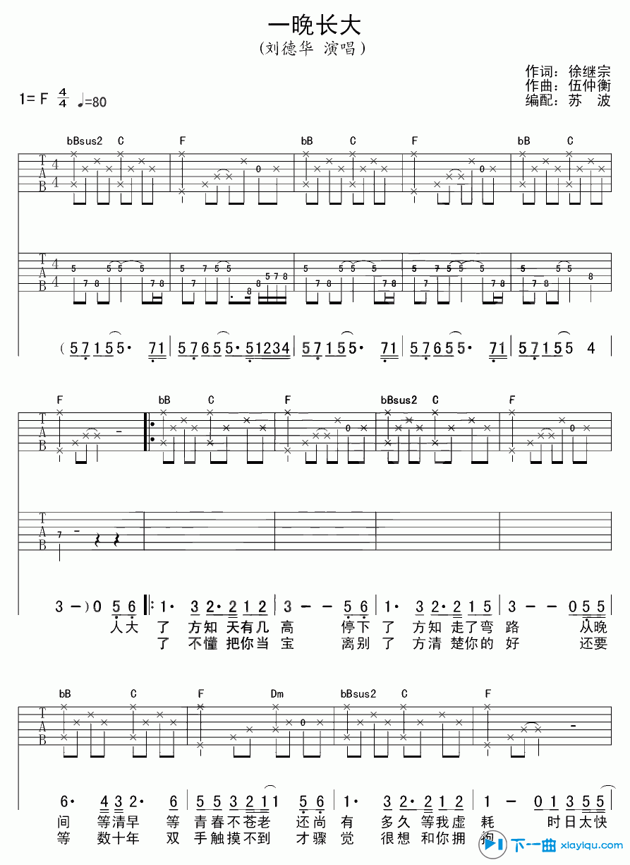 《一晚长大吉他谱F调_刘德华一晚长大吉他六线谱》吉他谱-C大调音乐网