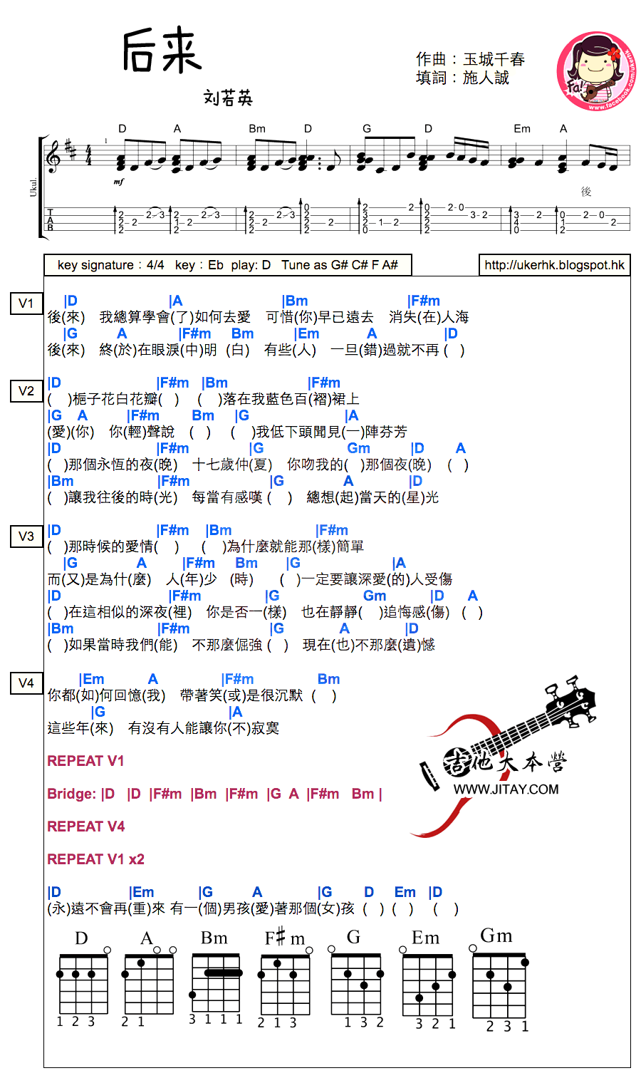 《后来尤克里里谱-刘若英-后来ukulele弹唱谱》吉他谱-C大调音乐网