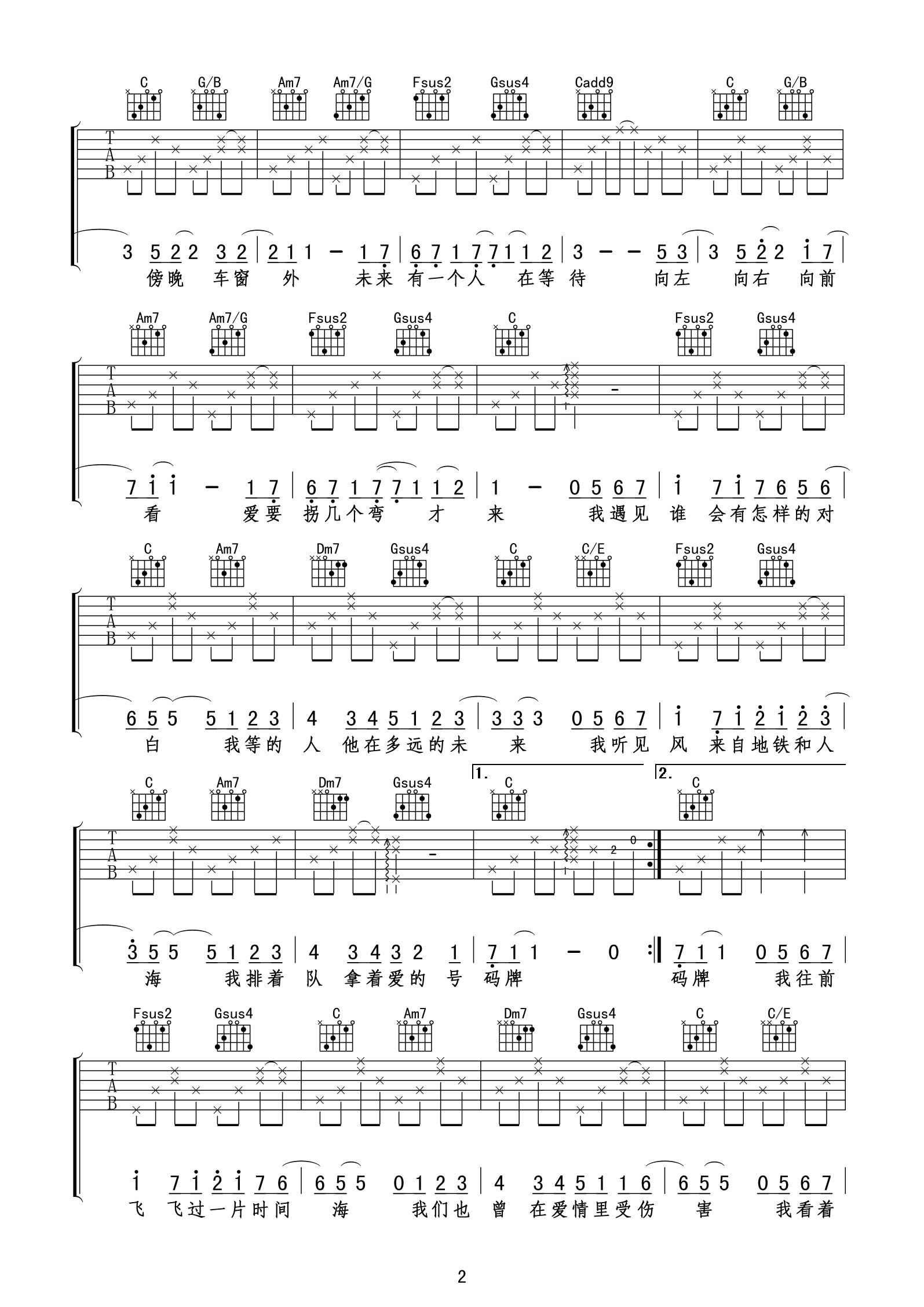 孙燕姿《遇见》吉他谱 C调最好的版本-C大调音乐网