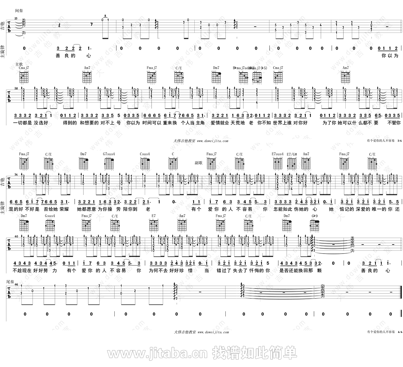《有个爱你的人不容易吉他谱C调_那英_吉他弹唱教》吉他谱-C大调音乐网